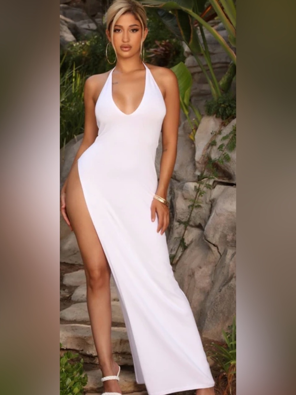 Fashion Nova White Halter Slit Maxi Dress